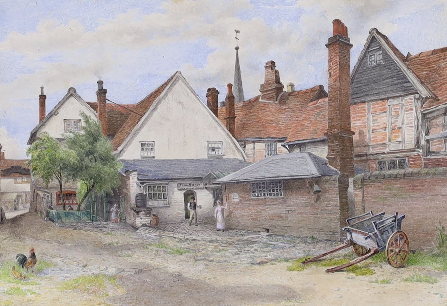 William John Montaigne (1839-1902) - watercolour, Old inn and buildings at Hemel Hempstead, signed with label verso, 14 x 20cm